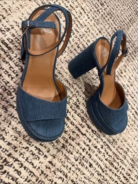 Dark Blue Denim Platform Ankle-Strap Heels
